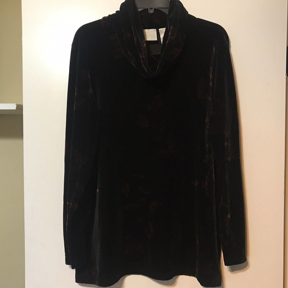 First Issue Liz Claiborne SzL Top Velvet Blk/Brn Cowl Long Sleeve Split Hem Used